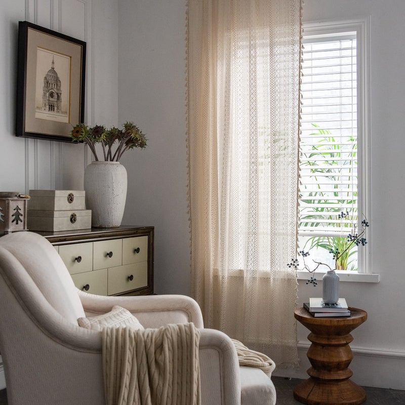 Jooja 2 Panels Boho Curtains For Living Room Bohemian Lace Sheer Curtains Crochet Vintage Beige Curtains For Bedroom (Crochet Beige 59X63) - Image 2