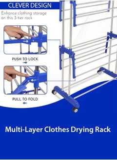 Home Care Home Care 3 Layer Stainless Steel Clothes Stand for Drying Cloth Drying Stand Cloth Stand for Drying Clothes Foldable Coat Rack (Blue)  - Image 2