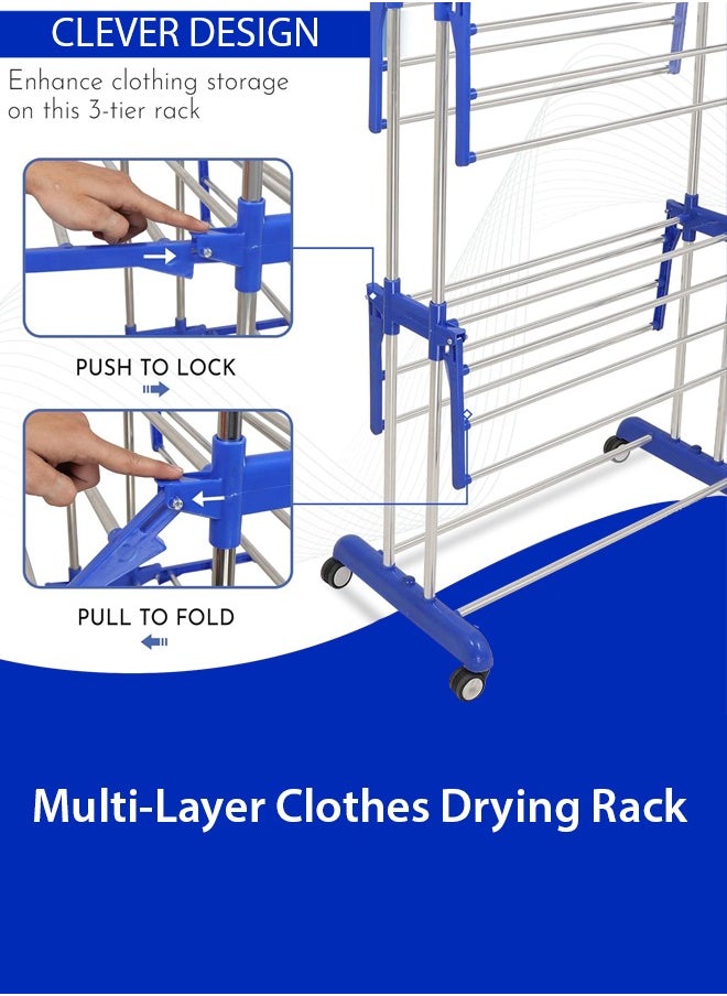 Home Care - Home Care 3 Layer Stainless Steel Clothes Stand for Drying Cloth Drying Stand Cloth Stand for Drying Clothes Foldable Coat Rack (Blue) - Image 1