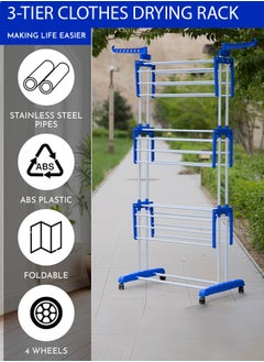 Home Care Home Care 3 Layer Stainless Steel Clothes Stand for Drying Cloth Drying Stand Cloth Stand for Drying Clothes Foldable Coat Rack (Blue)  - Image 4