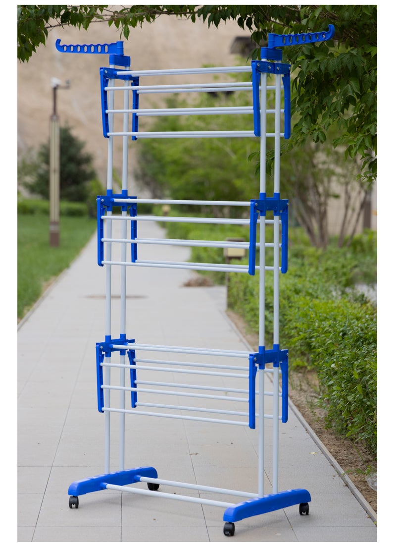 Home Care - Home Care 3 Layer Stainless Steel Clothes Stand for Drying Cloth Drying Stand Cloth Stand for Drying Clothes Foldable Coat Rack (Blue) - Image 1