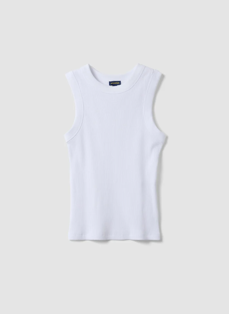 او في اس OVS White Fitted Ribbed Stretch Cotton Tank Top