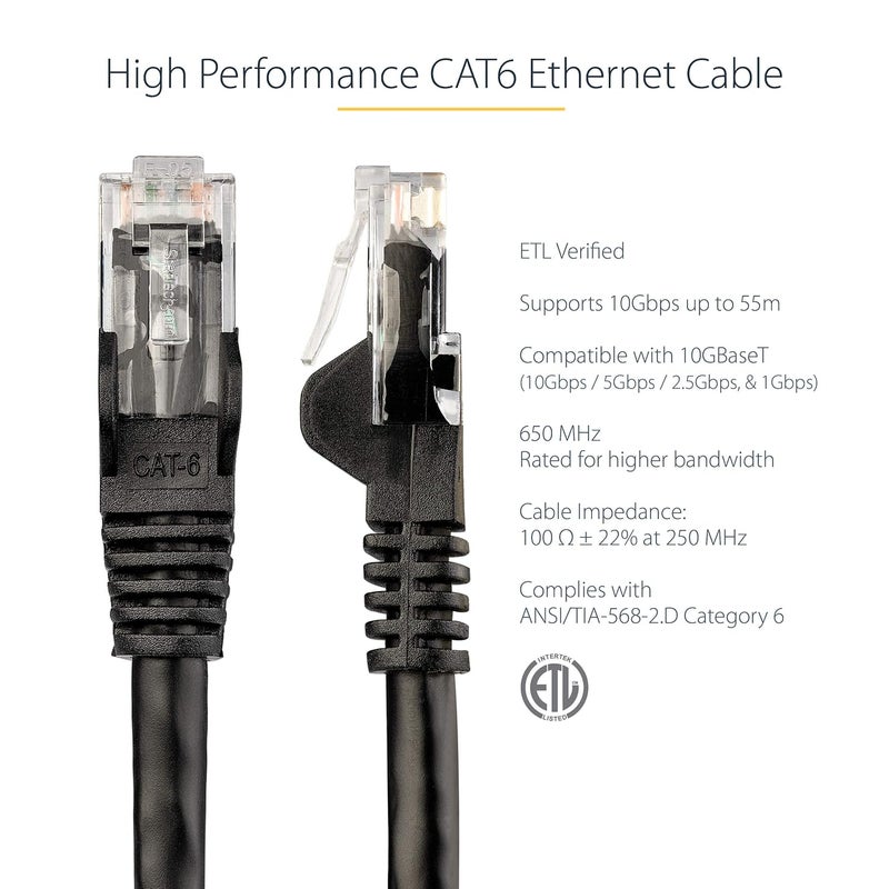 ستار تك كابل إيثرنت .com من الفئة CAT6 بطول 10 أمتار - سلك إيثرنت جيجابت CAT6 أسود - 650 ميجاهرتز 100 واط PoE++ RJ45 UTP كابل شبكة/باتش من الفئة 6 مقاوم للالتقاط مع تخفيف إجهاد Fluke معتمد من UL/TIA (N6PATC10MBK) - Image 2