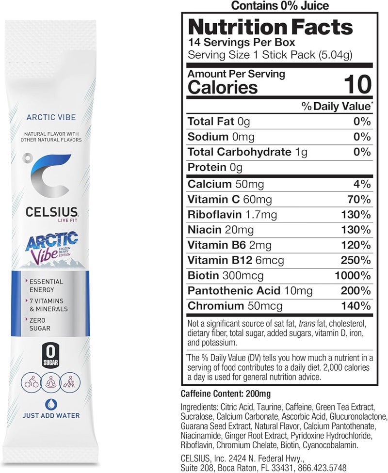 CELSIUS عصا مسحوق CELSIUS الجاهزة للطريق بنكهة القطب الشمالي - مزيج مشروب الطاقة الأساسي، 14 عصا (2.6 أونصة) - Image 3