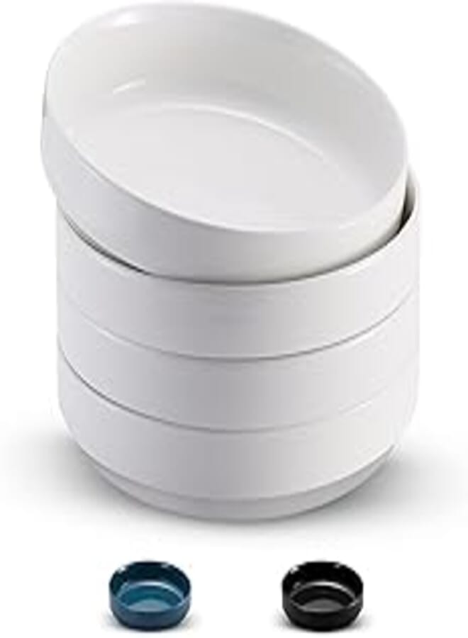 KooK Bowl Plates, Pasta Bowl, Low Bowl, Plate Bowls, Ceramic Large Shallow Bowls, Microwave and Dishwasher Safe, Great for Soups and Salads, Glossy Porcelain, 47 oz, Set of 4, White