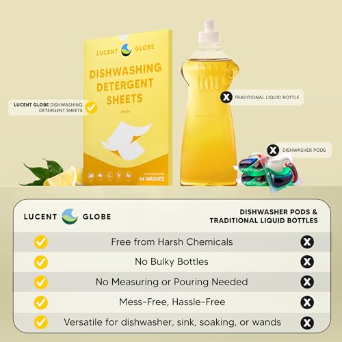 Lucent Globe Dishwasher Dishwashing Detergent Sheets, Dish Soap & Dishwashing Tablets Alternative. Plant-Based, Eco-Friendly, Lemon Scent & Plastic Free Packaging (64 Sheets) - Image 2