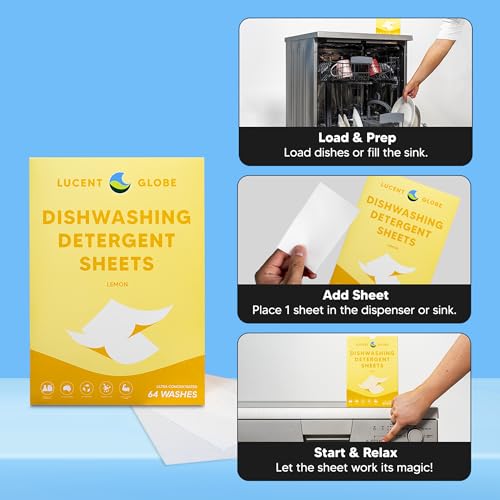 Lucent Globe Dishwasher Dishwashing Detergent Sheets, Dish Soap & Dishwashing Tablets Alternative. Plant-Based, Eco-Friendly, Lemon Scent & Plastic Free Packaging (64 Sheets) - Image 3