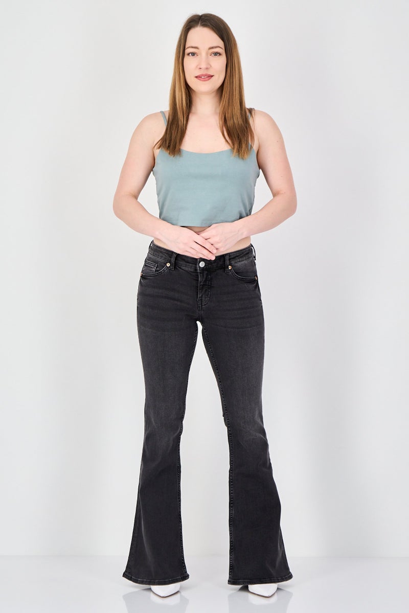 MONKI Women Regular Fit Washed Flare Leg Stretchable Jeans, Black - Image 2