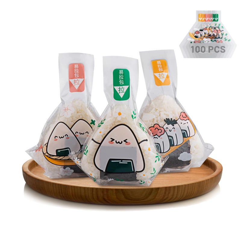 Choxila Triangle Onigiri Wrappers Plastic Rice Balls Bags 100PCS Japanese Easy Tear Disposable Onigiri baggies with Stickers