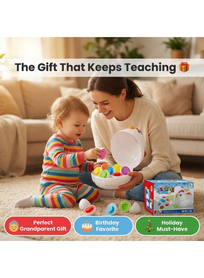 MAGIC VAULT Matching Eggs Toy for Toddlers 3+ - 12 Color & Shape Matching Eggs (24 Pieces) Montessori Shape Sorter Educational Learning Toy with Hen Storage Case, Travel Friendly - Image 4