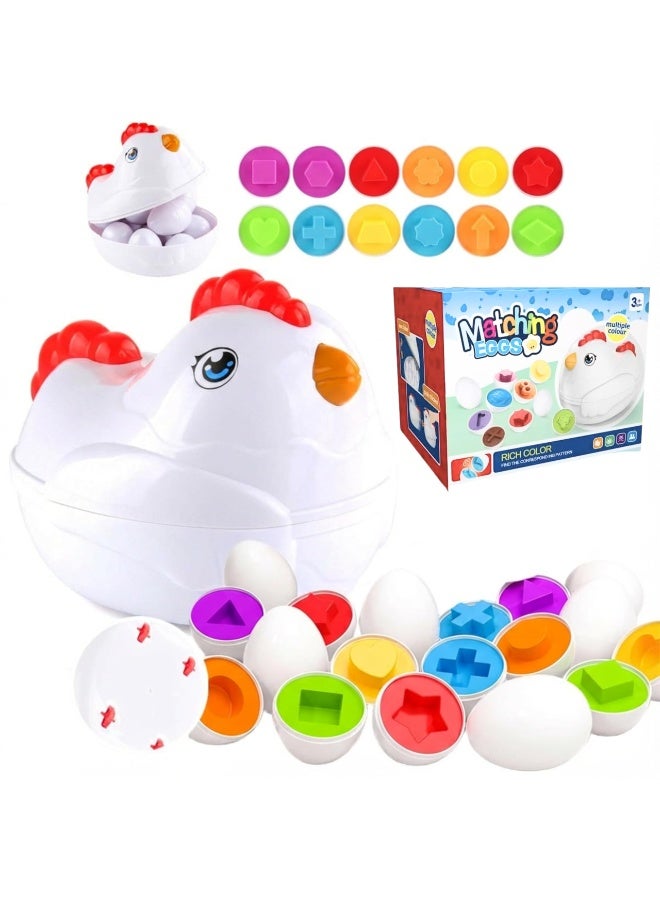 MAGIC VAULT Matching Eggs Toy for Toddlers 3+ - 12 Color & Shape Matching Eggs (24 Pieces) Montessori Shape Sorter Educational Learning Toy with Hen Storage Case, Travel Friendly - Image 1