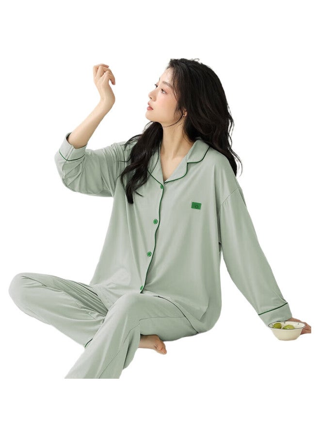 SNOWFLYING Women'S Pajama Set, Spring And Summer Long-Sleeve Outfit, Plus Size, Ice Silk, Casual, Lapel Collar, Cardigan, Loungewear Set - Image 1