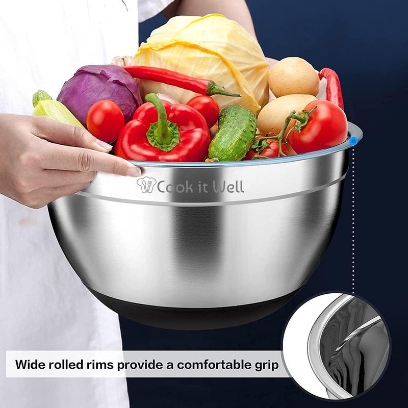 كليك آند بيك مجموعة أوعية الخلط المصنوعة من الفولاذ المقاوم للصدأ من COOK IT WELL - مجموعة مكونة من 3 قطع للسلطة والحساء والحبوب والمعكرونة وتجهيزات المطبخ - أواني تقديم متينة وسهلة التنظيف - خفق سهل الإمساك - أوعية للخلط والخفق والتخزين - Image 5