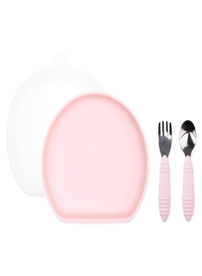 Bumkins - Silicone Grip Plate, Fork & Spoon & Lid - For Ages 18 Months+ - Suction Base - 100% Food-Safe Silicone - Oven, Microwave, Freezer, & Dishwasher Safe - Pink - Image 1