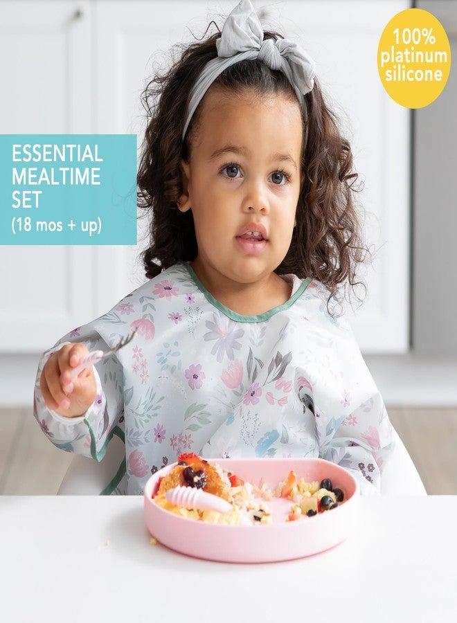 Bumkins - Silicone Grip Plate, Fork & Spoon & Lid - For Ages 18 Months+ - Suction Base - 100% Food-Safe Silicone - Oven, Microwave, Freezer, & Dishwasher Safe - Pink - Image 2