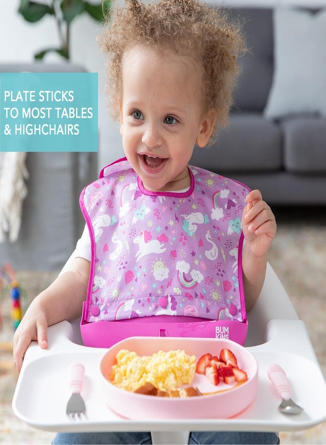 Bumkins - Silicone Grip Plate, Fork & Spoon & Lid - For Ages 18 Months+ - Suction Base - 100% Food-Safe Silicone - Oven, Microwave, Freezer, & Dishwasher Safe - Pink - Image 3