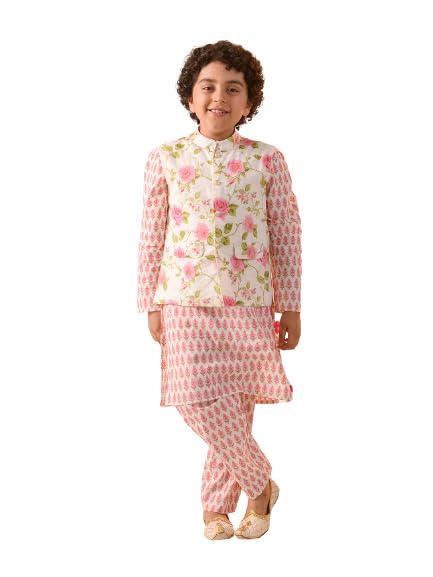 PSPEACHES Boys Cotton Long Sleeves Mandarin Collar Floral Print Kurta And Pyjamas With Nehru Jacket 3 Piece Set|Ethnic Wear For Kids Boys|Traditional & Festive Outfit 3-4 Year Off White & Pink - Image 1
