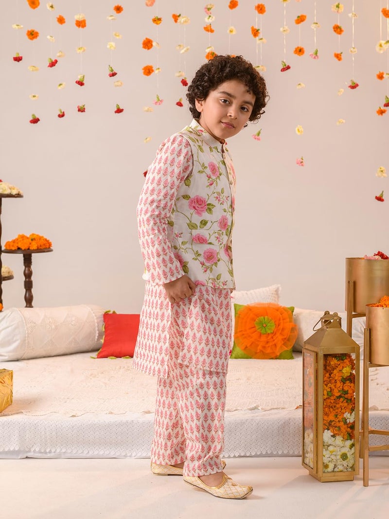 PSPEACHES Boys Cotton Long Sleeves Mandarin Collar Floral Print Kurta And Pyjamas With Nehru Jacket 3 Piece Set|Ethnic Wear For Kids Boys|Traditional & Festive Outfit 3-4 Year Off White & Pink - Image 2