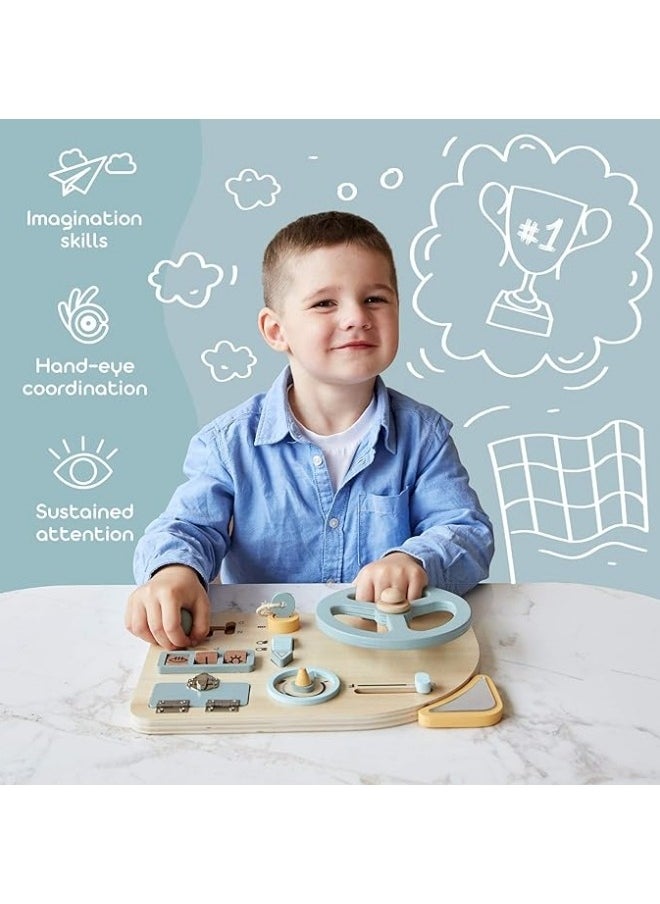 Generic - Montessori Toy Steering Wheel Car Driving Busy Board for Toddlers Wooden Sensory Activity Board for Kids 1 2 3 4 Year Old Fine Motor Skills Toddler Driver Toys with Keys Latches Buttons - Image 1