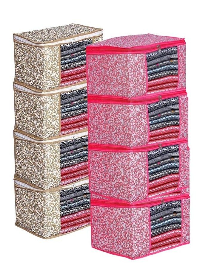 EasyGoods® Saree Covers with Zip for Storage, Pink Chiku and Chiku Design, Storage Organizer For Saree, Wardrobe Organiser, (45L x 35W x 22H CM) (Pack of 8)