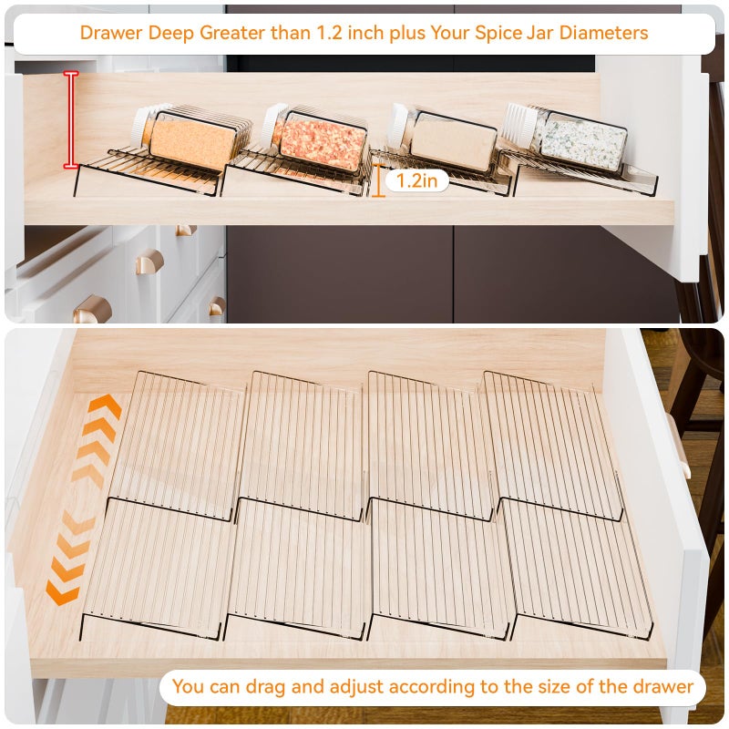 Yieach 8 Pack Adjustable In Drawer Spice Organizer - Expandable From 11" to 22" - Clear Acrylic Seasoning Organizer with Jars for Kitchen Drawer,Horizontal Tiered Kitchen Spice Organization & Tray - Image 5