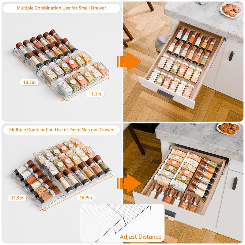 Yieach 8 Pack Adjustable In Drawer Spice Organizer - Expandable From 11" to 22" - Clear Acrylic Seasoning Organizer with Jars for Kitchen Drawer,Horizontal Tiered Kitchen Spice Organization & Tray - Image 2