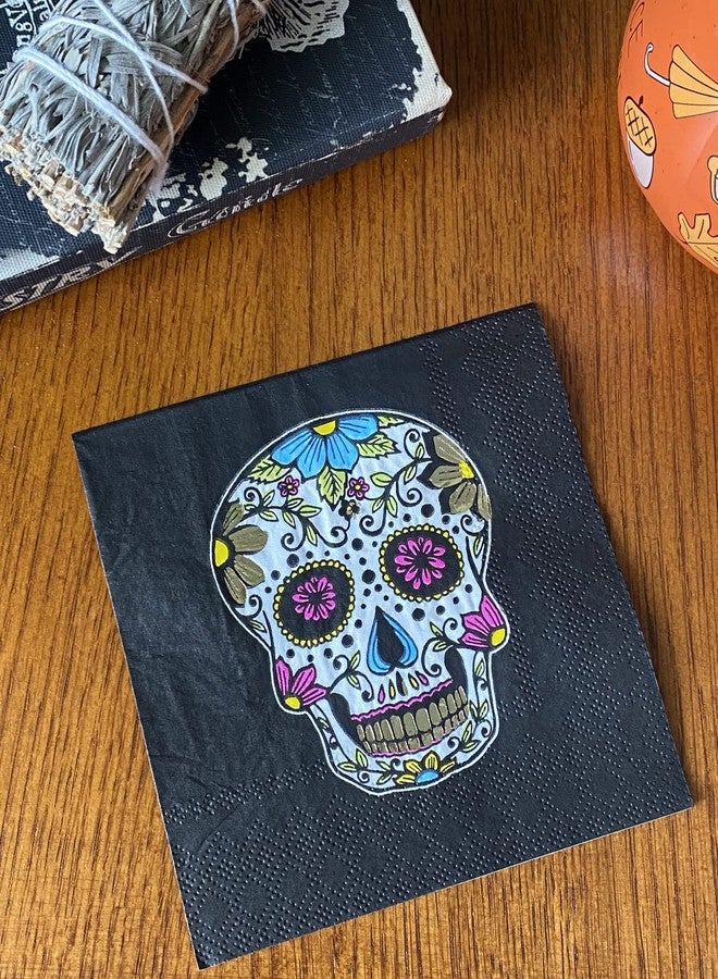 ALAZCO Pack of 40 Day of the Dead Sugar Skull Cocktail Napkins 5x5’’ Beverage Chic Dia de los Muertos Halloween Party Napkins Bar Black w/Gold Foil Accents - Image 3