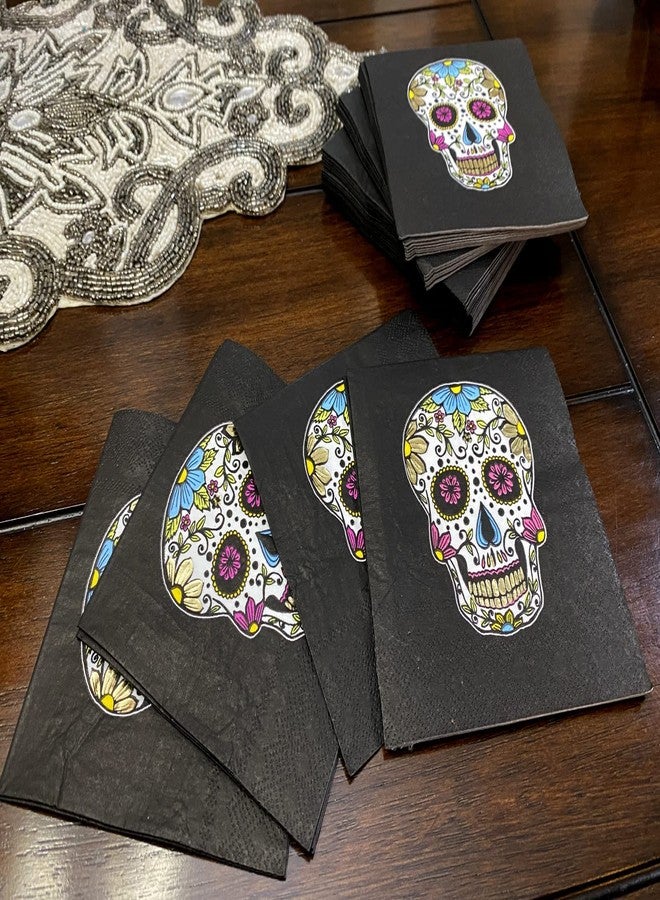ALAZCO Pack of 40 Day of the Dead Sugar Skull Cocktail Napkins 5x5’’ Beverage Chic Dia de los Muertos Halloween Party Napkins Bar Black w/Gold Foil Accents - Image 4