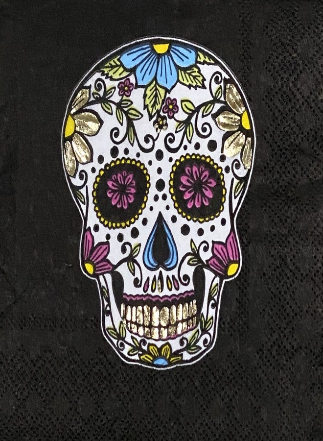 ALAZCO Pack of 40 Day of the Dead Sugar Skull Cocktail Napkins 5x5’’ Beverage Chic Dia de los Muertos Halloween Party Napkins Bar Black w/Gold Foil Accents - Image 1
