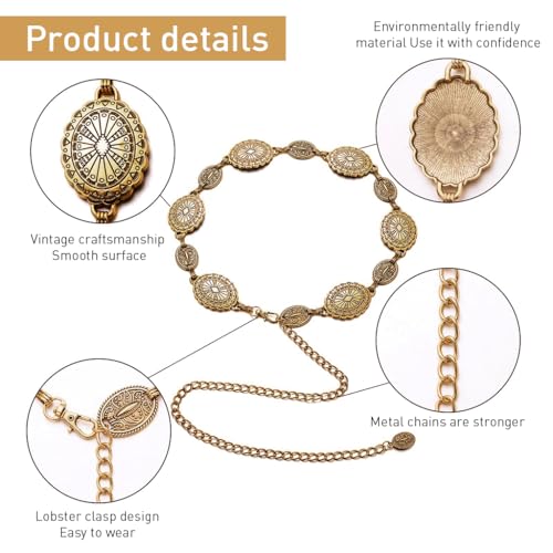 PALAY® Waist Belt for Women Golden Metal Concho hip belt for women saree Waist Belt Adjustable boho Western Fashion saree Belt women Chain Belts for Dresses, Jeans, Skirts - Image 2