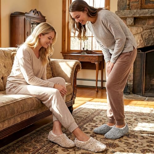 cosyone1997 2-Pair Slippers for Women Indoor Non Slip Soft Sole Plush Sherpa Lined Comfortable House Slippers Size 7-8 - Image 2