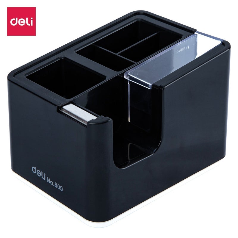 ديلي حامل شريط لاصق مع أقسام تخزين للاستخدام المكتبي وتشغيل بيد واحدة - أسود - Image 1