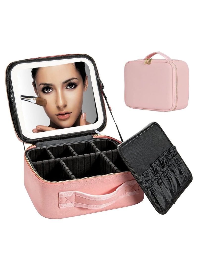 makeup bag with LED mirror,Adjustable Brightness LED Cosmetic Train Case with brush storage board suitable for travel and daily make up ,Portable Travel Cosmetic Organizer for Women, 3 Color Light Settings, Adjustable Dividers Vanity Case Birthday gifts  - Image 1