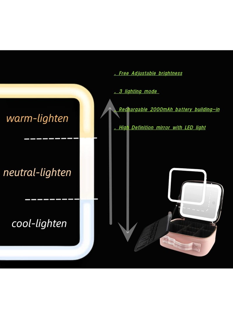 makeup bag with LED mirror,Adjustable Brightness LED Cosmetic Train Case with brush storage board suitable for travel and daily make up ,Portable Travel Cosmetic Organizer for Women, 3 Color Light Settings, Adjustable Dividers Vanity Case Birthday gifts  - Image 2