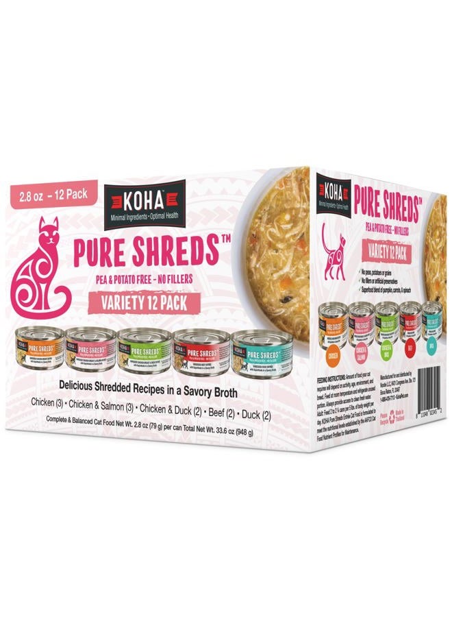 Koha Pure Shreds Cat Variety Pack, High Protein Wet Cat Food - 5 Flavors - Beef, Duck, Chicken & Duck and Chicken & Salmon Food for Cats - 2.8 oz Cans, Pack of 12 - Image 1