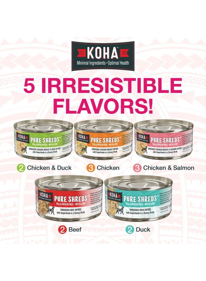 Koha Pure Shreds Cat Variety Pack, High Protein Wet Cat Food - 5 Flavors - Beef, Duck, Chicken & Duck and Chicken & Salmon Food for Cats - 2.8 oz Cans, Pack of 12 - Image 2