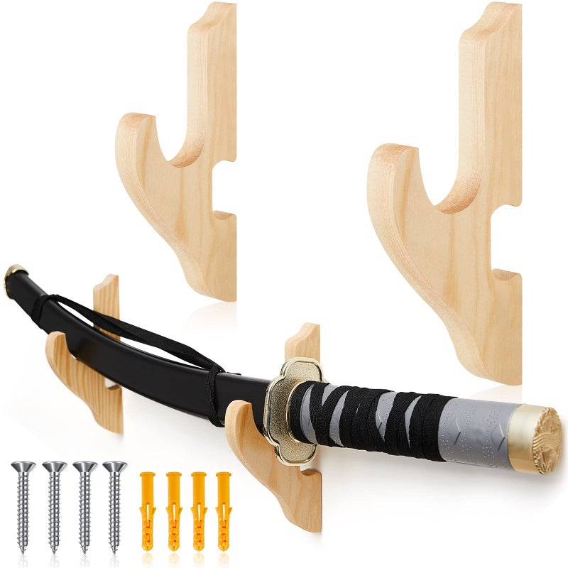 Chunful 2 Pcs Sword Wall Mount Sword Holder Katana Stand 1 Tier Hanger Adjustable Wooden Mounts for Samurai591 x 276 x 138 InchesWood Color - Image 2