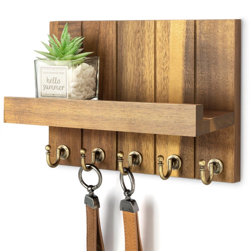 Rebee Vision Acacia Wood Key Holder Wall Mount â€“ Farmhouse Key Holder for Wall & Mail Organizer with Shelf for Home Decor â€“ Ideal for Apartment Essentials (Acacia Wood, 3.54" x 10" x 7.28") - Image 1