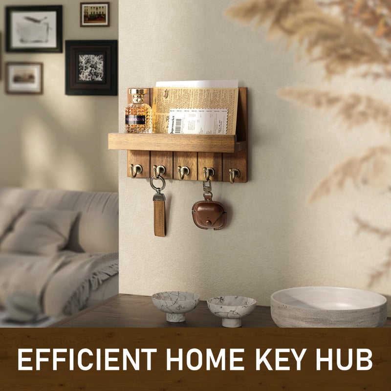 Rebee Vision Acacia Wood Key Holder Wall Mount â€“ Farmhouse Key Holder for Wall & Mail Organizer with Shelf for Home Decor â€“ Ideal for Apartment Essentials (Acacia Wood, 3.54" x 10" x 7.28") - Image 4