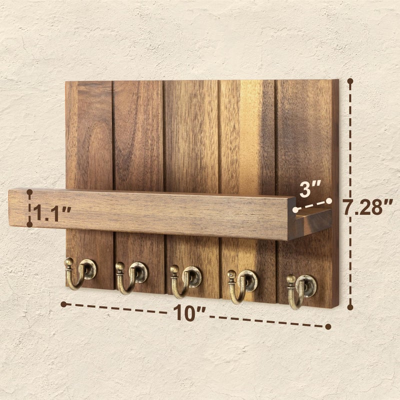 Rebee Vision Acacia Wood Key Holder Wall Mount â€“ Farmhouse Key Holder for Wall & Mail Organizer with Shelf for Home Decor â€“ Ideal for Apartment Essentials (Acacia Wood, 3.54" x 10" x 7.28") - Image 2