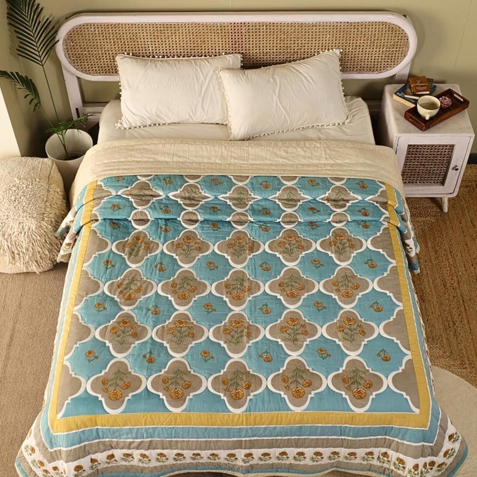 SINGLE HAND BLOCK PRINTED COTTON QUILT JAIPURI RAZAI SOFTNESS STYLE BEAUTIFUL FLORAL AC BLANKET REVERSIBLE BREATHABLE MADE IN INDIA TEAL TAUPE 60X90INCHES