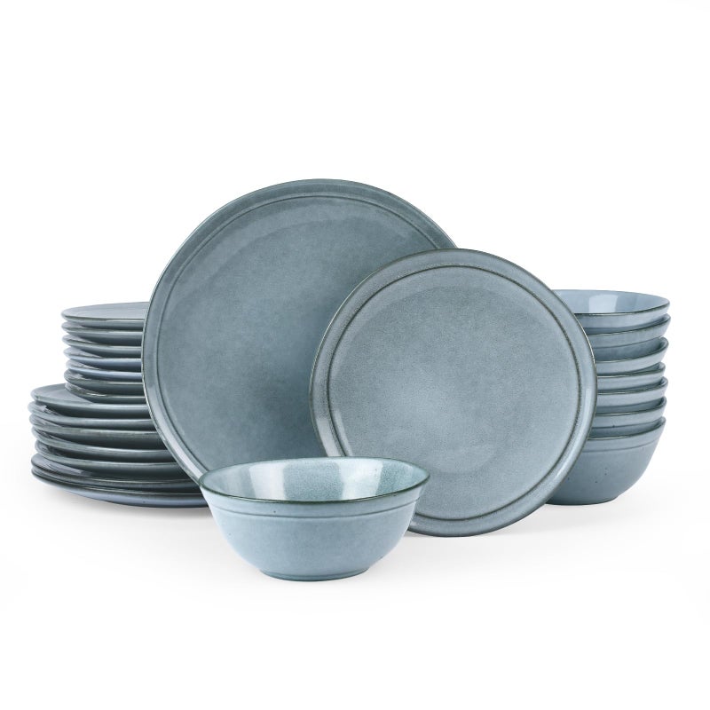 Famiware Aegean Stoneware Dinnerware Set for 8 Plates and Bowls Sets 24 Pieces Scratch Resistant Dinner Set Handmade Irregular Round Dishes  Microwave and Dishwasher Safe Blue Grey