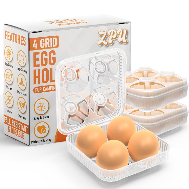 ZPU Egg Holder Camping, 1Pcs 4 Grid Egg Container, Plastic Egg Carrier for Camping Picnic Travel Outdoor Refrigerator Kitchen, Clear White - Image 1
