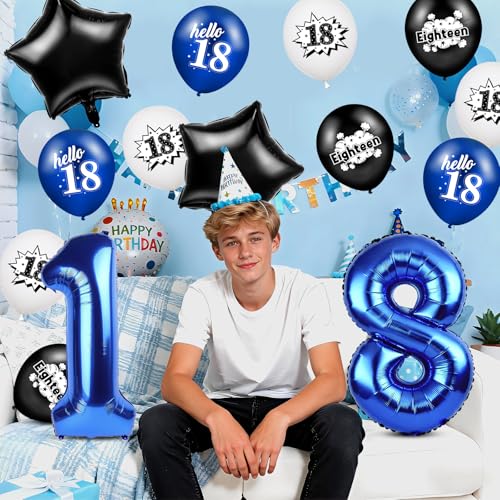 TagreSpike Happy 18th Birthday Balloons Decorations 32 Inch Foil Number 18 Star Balloons Funny Navy Blue Black White Hello 18th Birthday Latex Balloons for Girls Boys 18 Years Old Bday Anniversary Party Supplies - Image 5