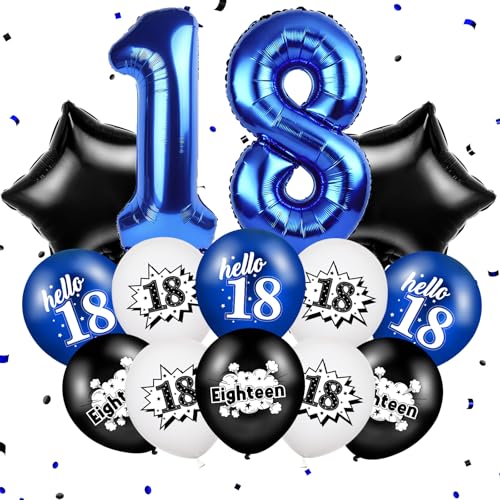 TagreSpike Happy 18th Birthday Balloons Decorations 32 Inch Foil Number 18 Star Balloons Funny Navy Blue Black White Hello 18th Birthday Latex Balloons for Girls Boys 18 Years Old Bday Anniversary Party Supplies - Image 1