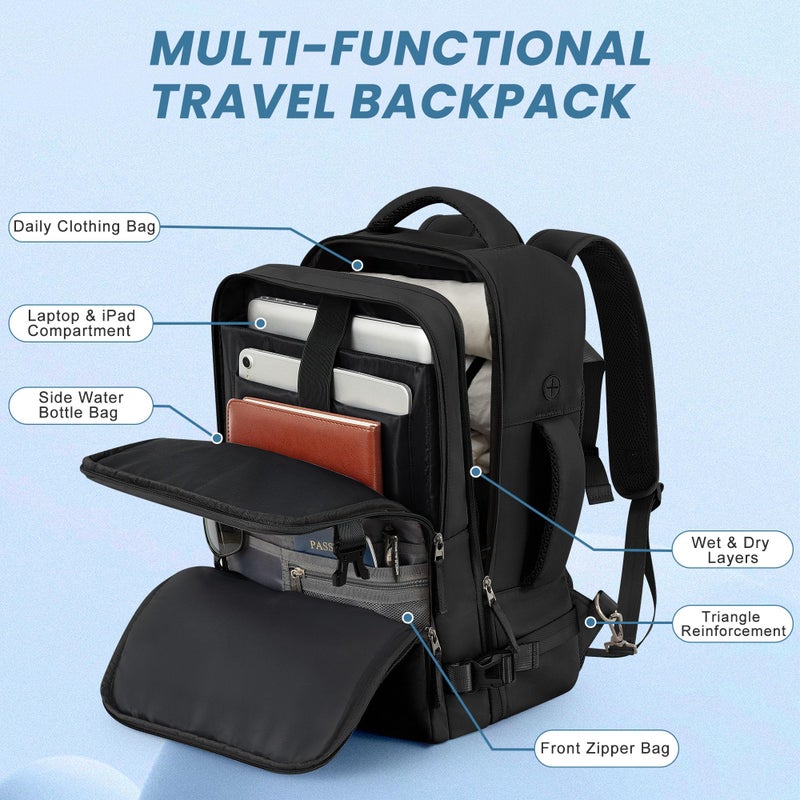 Sinaliy Travel Backpack, Carry on Flight approved Travel Bag with Multi-Pockets, Waterproof 17.3inch Laptop Backpack for Men Women, Black - Image 4