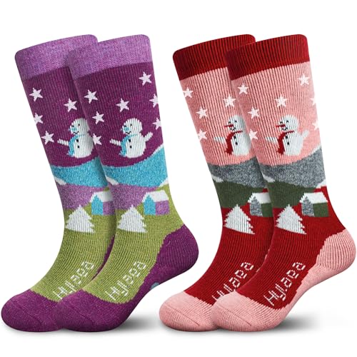 Hylaea Merino Wool Ski Socks Kids, Knee-high Thermal Snowboard Skating Warm Socks for Toddler Boys and Girls Pink Red Gray Blue Medium - Image 1