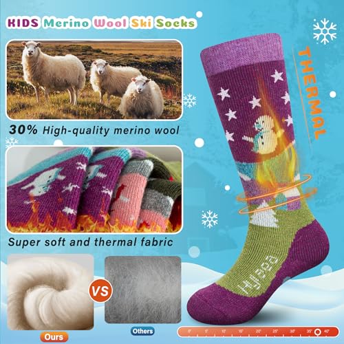 Hylaea Merino Wool Ski Socks Kids, Knee-high Thermal Snowboard Skating Warm Socks for Toddler Boys and Girls Pink Red Gray Blue Medium - Image 2
