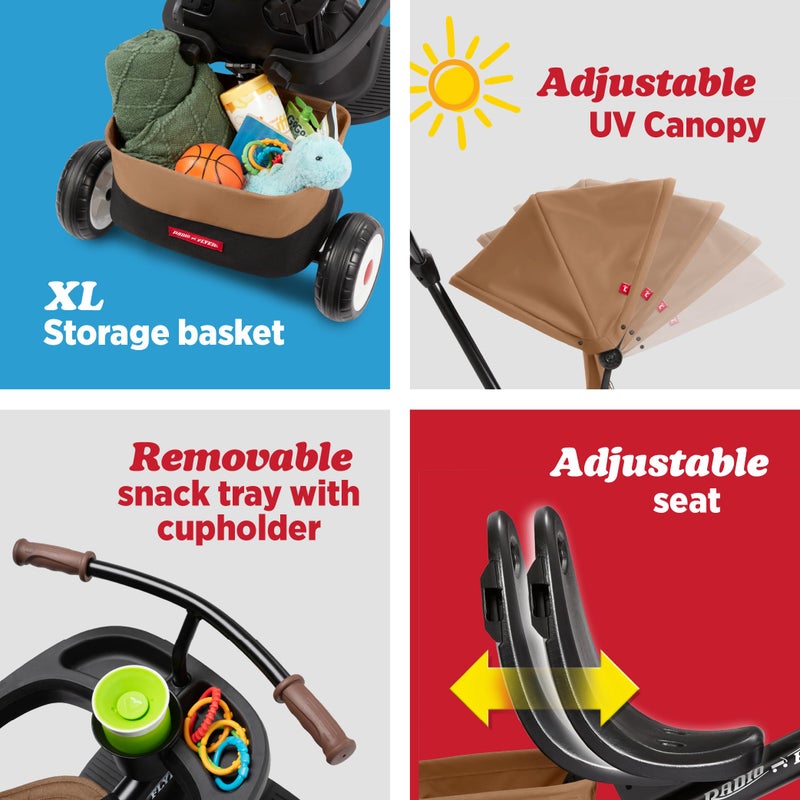 Radio Flyer City 4-in-1 Stroll 'N Trike, Mocha, for Riders 1-5 Years Old, 4 Riding Modes, 3 Point Harness with Comfort Pad, Parent Controlled Steering, Rear Storage, Stroller Tricycle for Toddlers - Image 3
