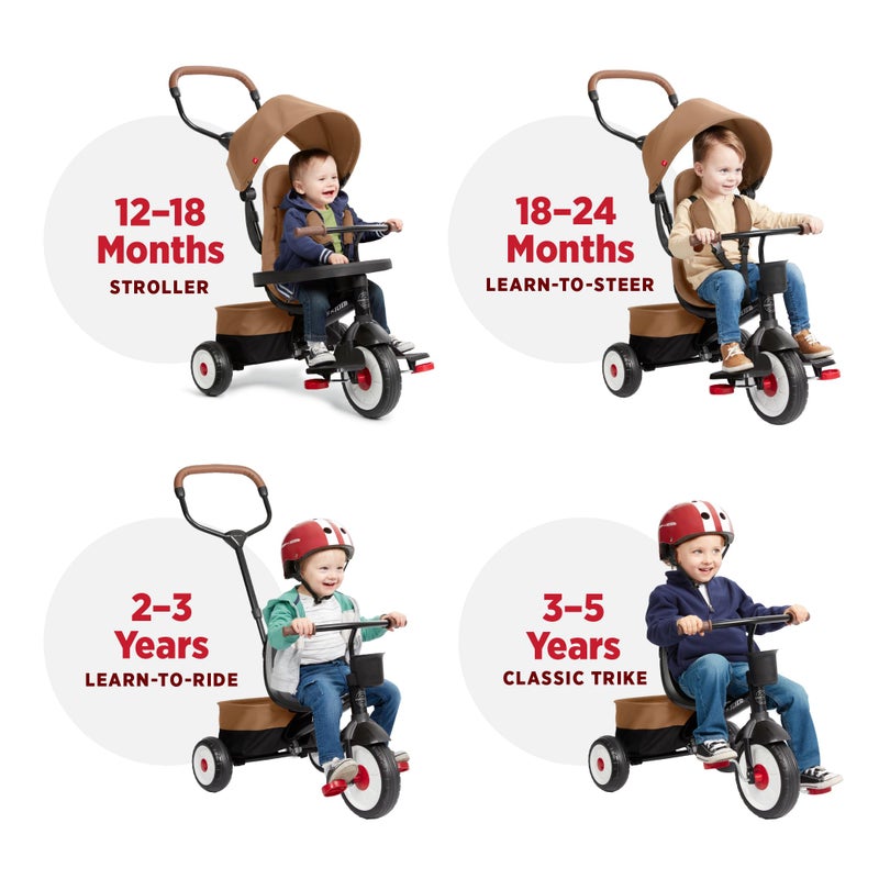 Radio Flyer City 4-in-1 Stroll 'N Trike, Mocha, for Riders 1-5 Years Old, 4 Riding Modes, 3 Point Harness with Comfort Pad, Parent Controlled Steering, Rear Storage, Stroller Tricycle for Toddlers - Image 5